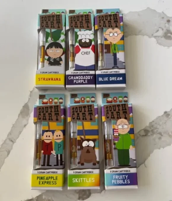 South Cart 1Gram Cartridge lineup featuring flavors like Blue Dream and Skittles