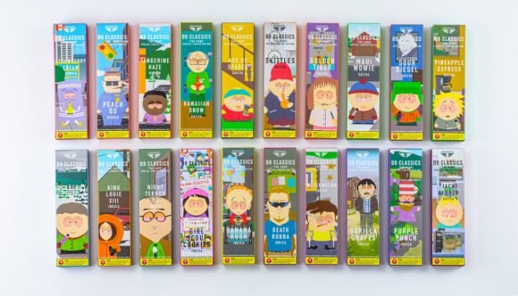 Pegasus420 South Park Vape Pens lineup featuring a variety of D9 THC flavors like Blueberry and Sour Diesel